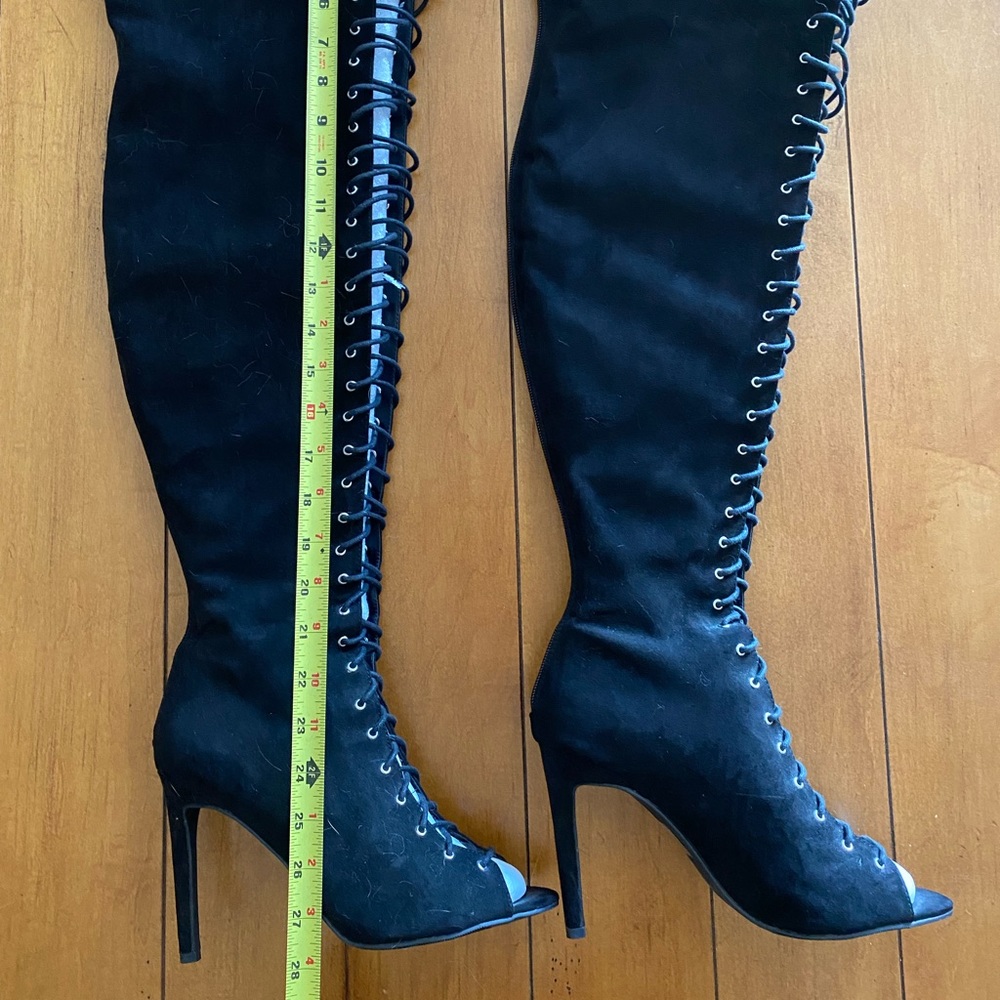 Sexy lace up, suede, open toe thigh-high boots. Thick-thigh friendly. Size 10.